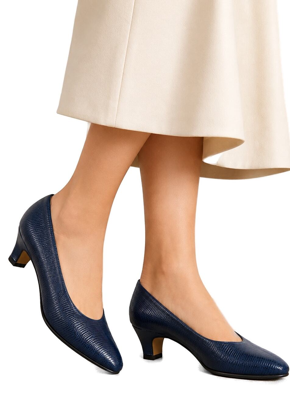 Salvatore Ferragamo Navy Textured Leather Mid Heel Pumps